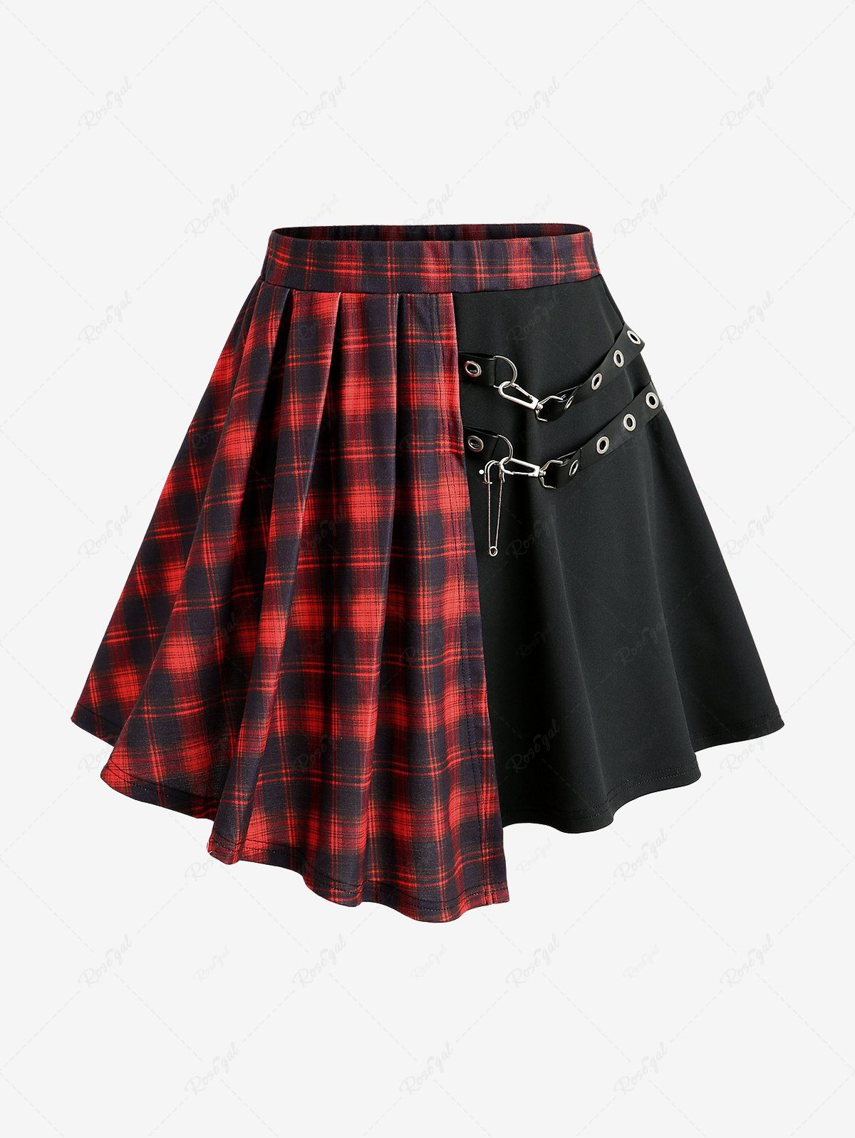 Plus Size Plaid Patchwork PU Leather Stripes Grommets Asymmetrical Skirt - 5x | Us 30-32