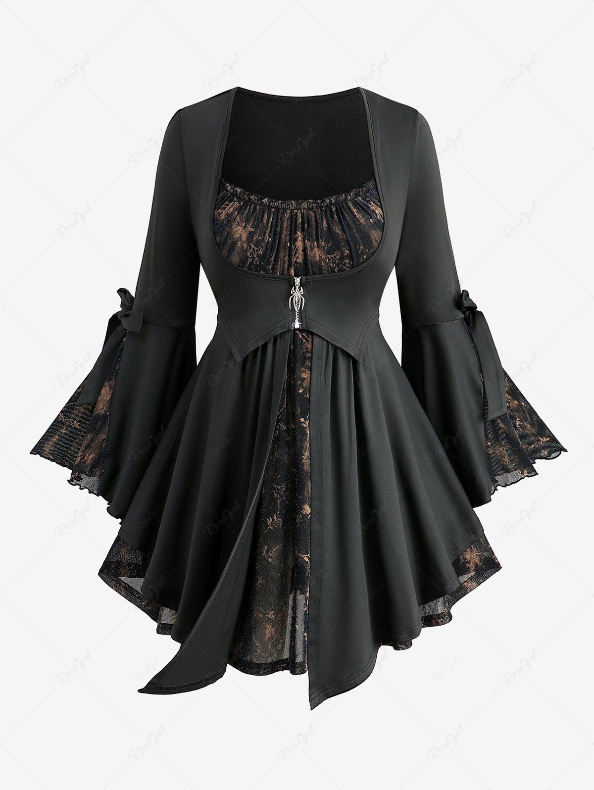 Haut 2 en 1 grande taille à volants, imprimé fleurs et feuilles, froncé, en forme d'araignée, fermeture éclair, nœud papillon, manches évasées Noir 1X | US 14-16