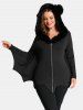 Fur Neck Bat Wings Hooded Coat and Cross Floral Flocking Mesh Patchwork PU Leather Leggings Plus Size Outfit -  