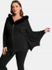 Fur Neck Bat Wings Hooded Coat and Cross Floral Flocking Mesh Patchwork PU Leather Leggings Plus Size Outfit -  