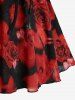 Plus Size Rose Flower Print Jacquard Lace Up Heart Buttons Blouse -  
