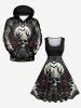 Robe Vintage Costume D'Halloween Chauve-souris Rose Crâne Imprimés de Grande Taille - Noir L