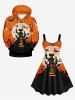 Robe D'Halloween Costume Chauve-souris Château et Lune Imprimés en Blocs de Couleurs de Grande Taille - Noir 1X