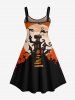Robe D'Halloween Costume Chauve-souris Château et Lune Imprimés en Blocs de Couleurs de Grande Taille - Noir 5X