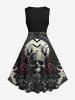 Robe Vintage Costume D'Halloween Chauve-souris Rose Crâne Imprimés de Grande Taille - Noir 5X