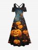 Maxi Robe D'Halloween Citrouille Feuille Imprimées à Epaule Dénudée Grande Taille - Noir 3X