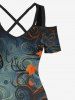 Maxi Robe D'Halloween Citrouille Feuille Imprimées à Epaule Dénudée Grande Taille - Noir 3X