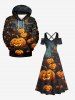 Maxi Robe D'Halloween Citrouille Feuille Imprimées à Epaule Dénudée Grande Taille - Noir 3X