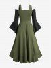 Plus Size Lace Up Ruffles Ruched Lettuce Hem Split Flare Sleeve Cold Shoulder 2 In 1 Dress -  