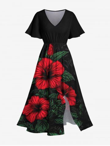 Plus Size Tropical Leaf Hibiscus Flower Print Split Hawaii Midi Dress - BLACK - L