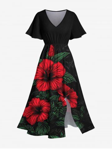 Plus Size Tropical Leaf Hibiscus Flower Print Split Hawaii Midi Dress - BLACK - 4X