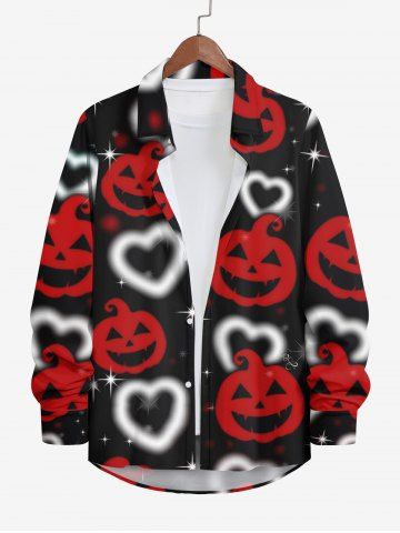 Plus Size Halloween Costume Pumpkin Heart Star Glitter 3D Print Buttons Long Sleeve Shirt For Men - MULTI-A - 5XL