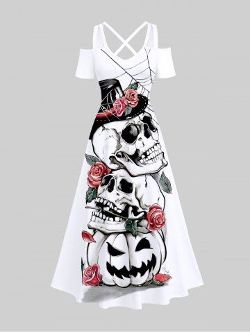 Plus Size Halloween Costume Pumpkin Skulls Rose Flower Spider Web Print Cold Shoulder Crisscross Maxi Dress - WHITE - 4X