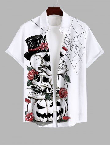 Plus Size Halloween Costume Skulls Rose Flower Spider Web Print Buttons Pocket Shirt For Men - WHITE - S