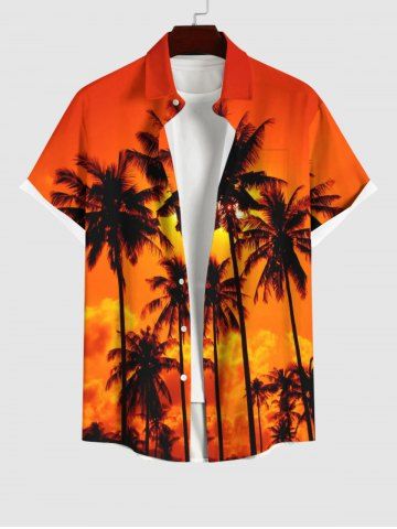 Plus Size Coconut Tree Ombre Sky Dusk Cloud Print Hawaii Button Pocket Shirt For Men - ORANGE - S