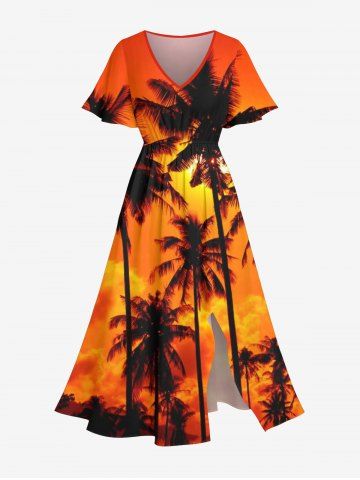 Plus Size Coconut Tree Ombre Sky Dusk Cloud Print Hawaii Split Pocket A Line Midi Dress - DARK ORANGE - 1X