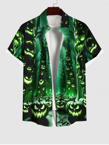 Plus Size Glitter Pumpkin Lantern Tree Forest Moon Galaxy Print Halloween Button Pocket Shirt For Men - GREEN - S