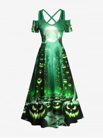 Plus Size Glitter Pumpkin Lantern Tree Forest Moon Galaxy Print Halloween Costume Crisscross Maxi Dress - GREEN - XS