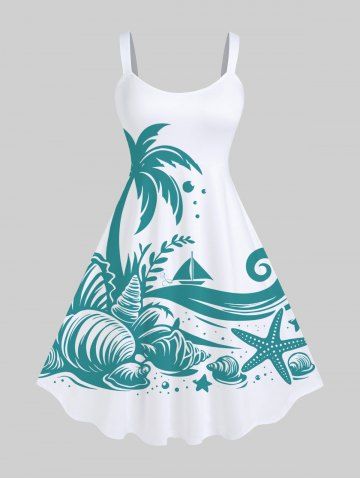 Plus Size Coconut Tree Shell Starfish Sea Waves Print Hawaii A Line Tank Dress - WHITE - 2X