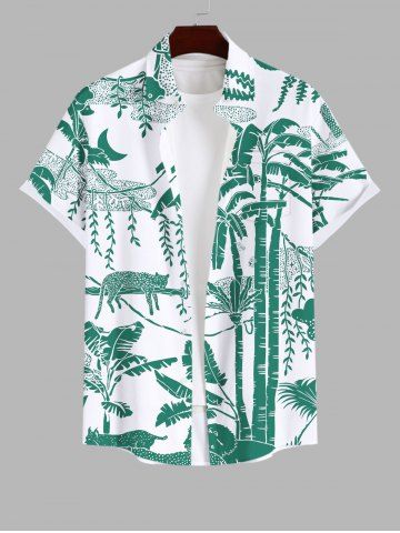 Plus Size Coconut Tree Tropical Leaves Cat Moon Print Hawaii Button Pocket Shirt For Men - WHITE - S