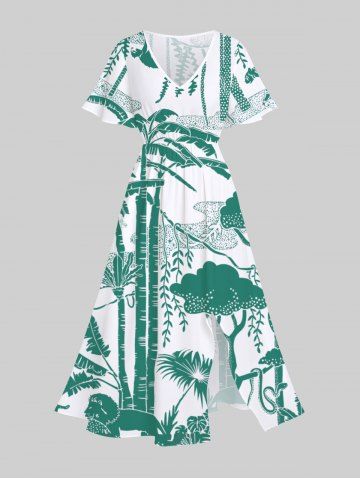 Robe Mi-longue Fendue Feuille Tropicale Chat et Arbre Imprimés de Grande Taille avec Poche - WHITE - S