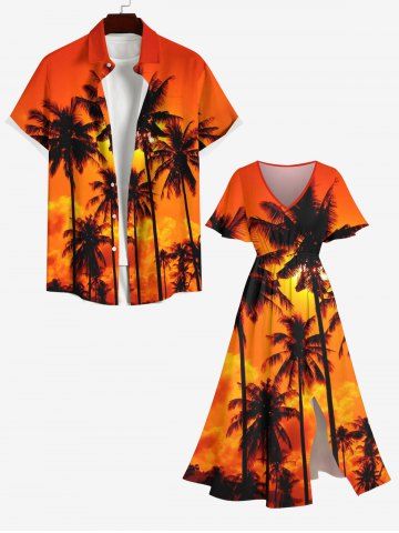 Plus Size Coconut Tree Ombre Sky Dusk Cloud Print Hawaii Split Pocket A Line Midi Dress