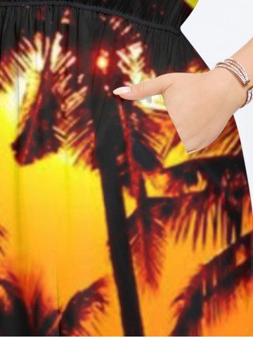 Plus Size Coconut Tree Ombre Sky Dusk Cloud Print Hawaii Split Pocket A Line Midi Dress