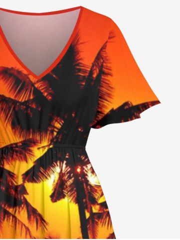 Plus Size Coconut Tree Ombre Sky Dusk Cloud Print Hawaii Split Pocket A Line Midi Dress