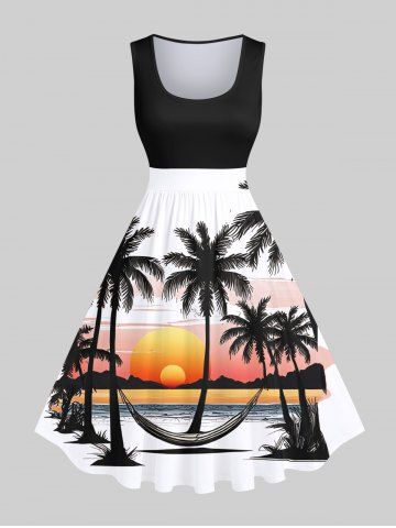 Plus Size Coconut Tree Sunset Hammock Sea Mountain Print Hawaii 1950s Vintage Dress - WHITE - 1X
