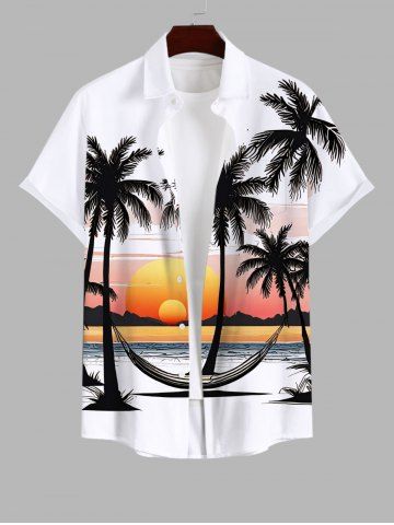 Plus Size Coconut Tree Sunset Hammock Sea Mountain Print Buttons Pocket Hawaii Shirt For Men - WHITE - 3XL