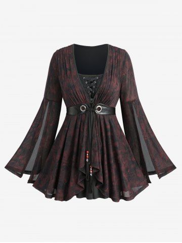 Plus Size Lace-up Floral Lace Trim Ruffles Ruched PU Stripe Tie Split Flare Sleeve Top - BLACK - M | US 10