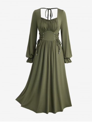 Plus Size Solid Color Lace Up Ruffles Ruched Poet Sleeves Dress - DEEP GREEN - L | US 12