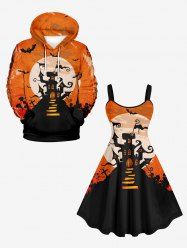 Costume D'Halloween en Blocs de Couleurs Lune et Château Imprimés Croisé Grande Taille pour Couples - Orange Foncé 