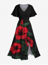 Plus Size Tropical Leaf Hibiscus Flower Print Split Hawaii Midi Dress -  