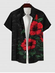 Plus Size Tropical Leaf Hibiscus Flower Print Buttons Pocket Hawaii Shirt For Men -  