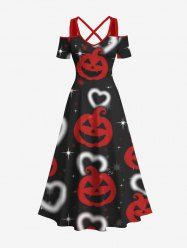 Maxi Robe D'Halloween 3D Citrouille et Cœur Imprimés à Epaule Dénudée Grande Taille à Paillettes - Noir 1X