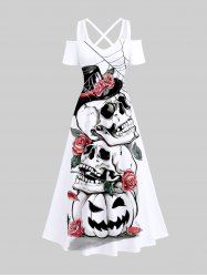 Maxi Robe D'Halloween Rose Toile D'Araignée Citrouille Imprimés à Epaule Dénudée Grande Taille - Blanc M
