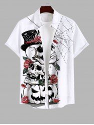 Plus Size Halloween Costume Skulls Rose Flower Spider Web Print Buttons Pocket Shirt For Men -  