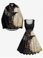 Ensemble Costume D'Halloween Imprimé Journal et Chauve-souris Grande Taille pour Couples - Noir 