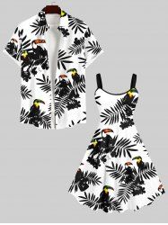 Contrastant Imprimé Feuilles et Perroquets Grande Taille pour la Plage - Blanc 