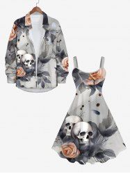 Halloween Costume Ink Painting Rose Flower Leaf Skulls Print Plus Size Matching Set For Couples -  