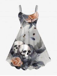 Robe D'Halloween Ligne A Rose Feuille Peinture D'Encre Imprimés de Grande Taille - Multi-A 2X