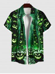 Plus Size Glitter Pumpkin Lantern Tree Forest Moon Galaxy Print Halloween Button Pocket Shirt For Men -  