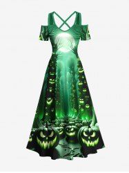 Plus Size Glitter Pumpkin Lantern Tree Forest Moon Galaxy Print Halloween Costume Crisscross Maxi Dress -  