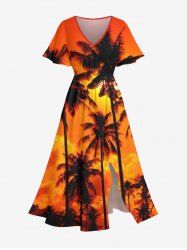 Plus Size Coconut Tree Ombre Sky Dusk Cloud Print Hawaii Split Pocket A Line Midi Dress -  