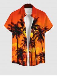 Plus Size Coconut Tree Ombre Sky Dusk Cloud Print Hawaii Button Pocket Shirt For Men -  