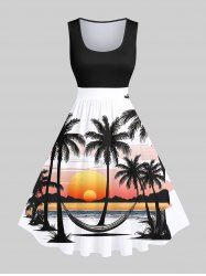 Plus Size Coconut Tree Sunset Hammock Sea Mountain Print Hawaii 1950s Vintage Dress -  