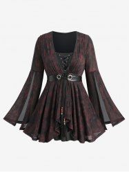 Plus Size Lace-up Floral Lace Trim Ruffles Ruched PU Stripe Tie Split Flare Sleeve Top -  