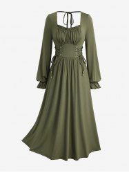 Plus Size Solid Color Lace Up Ruffles Ruched Poet Sleeves Dress -  