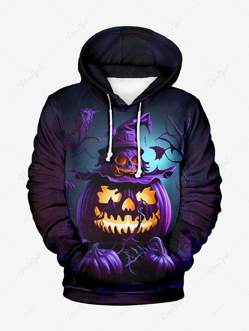 Best Plus Size Halloween Costume Pumpkin Lantern Hat Skull Tree Print Hoodie For Men  